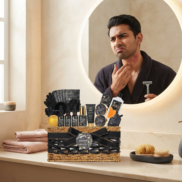 A South Asian man looking in a mirror with a pained expression and skin irritation on his neck from a grooming tool.