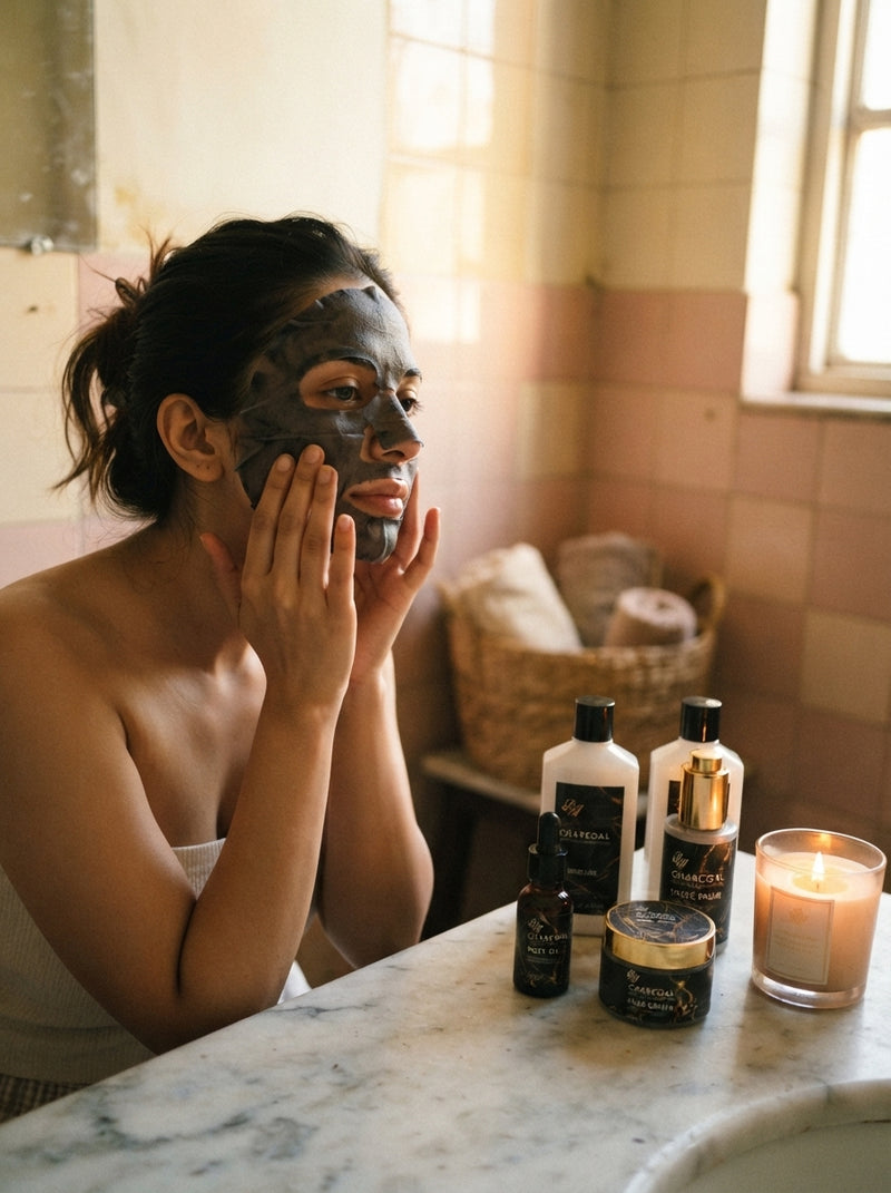 A woman using a facial mask in a sunlit bathroom with charcoal spa set products and a candle on the vanity.